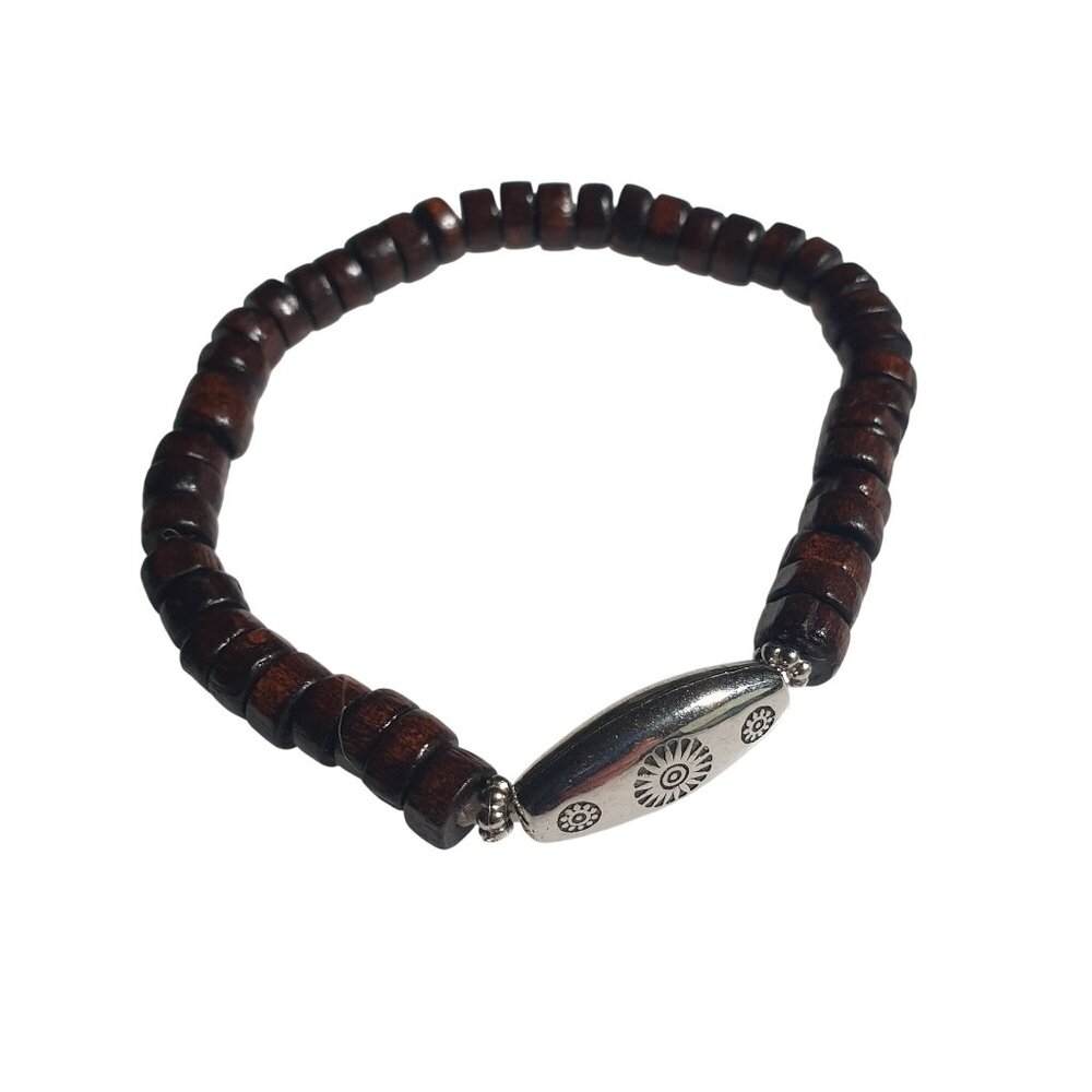 Wood Bead Stretch Bracelet Dark Brown Silver Tone Unisex Layer Adjustable Gift
